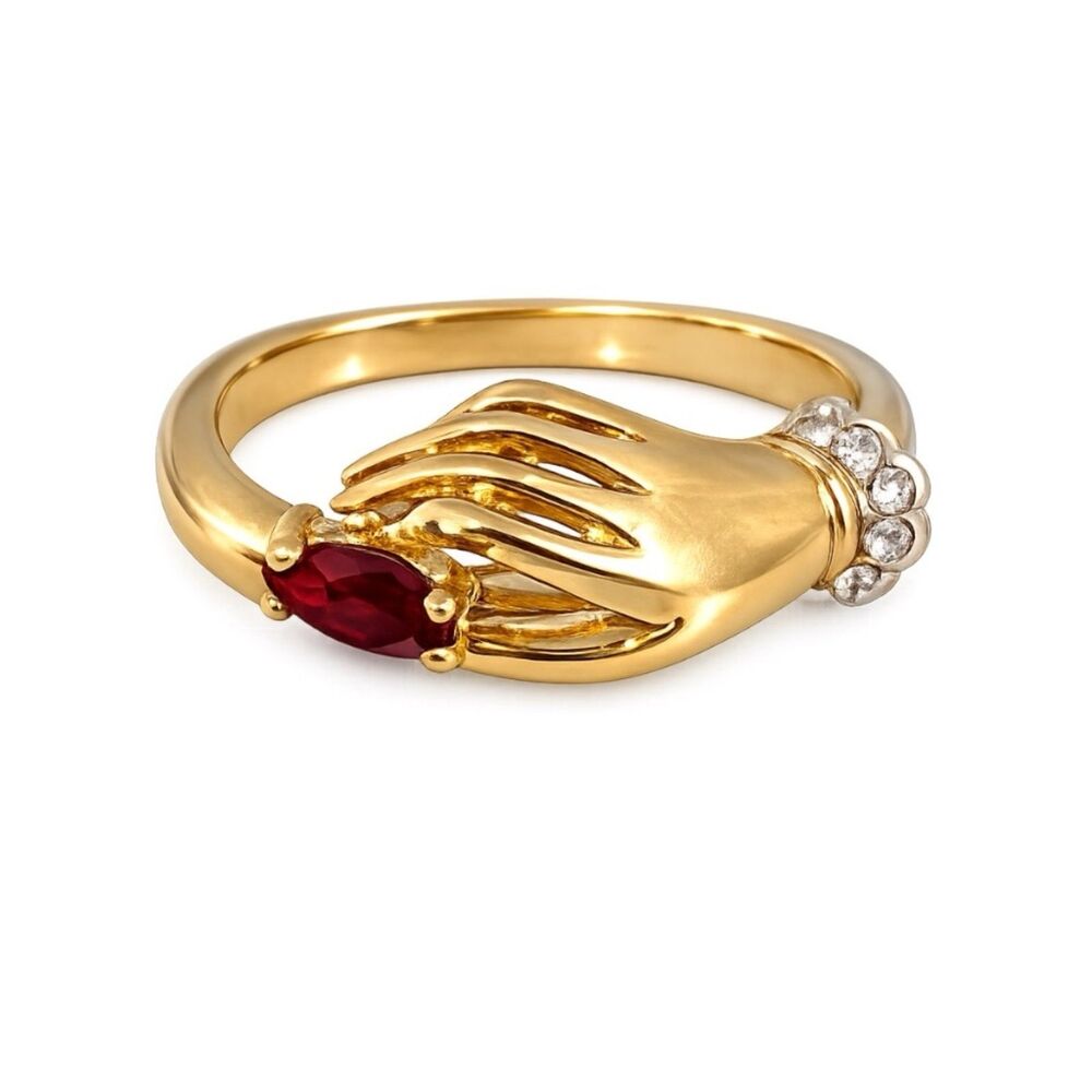 Vintage 1970s Ring Size 6 Victorian Revival Hand Red Crystal Gold Plated - 14U